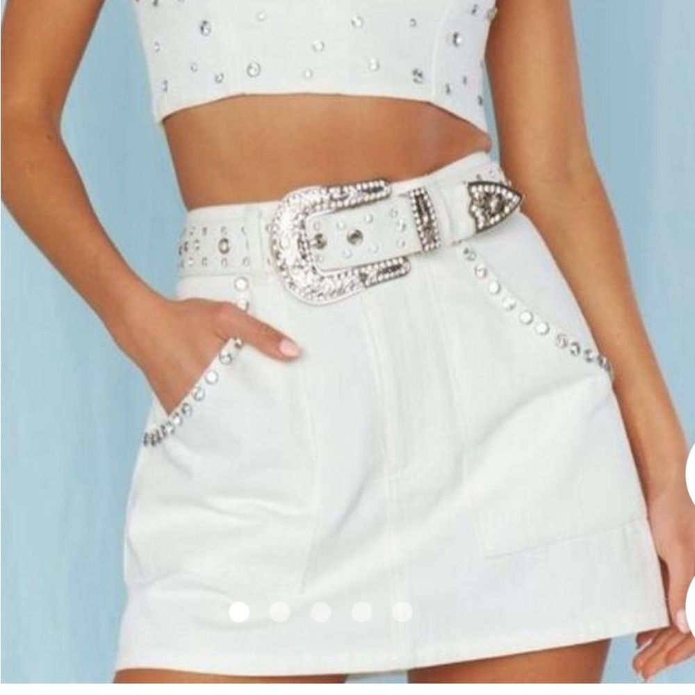 White Studded Mini Skirt with Belt